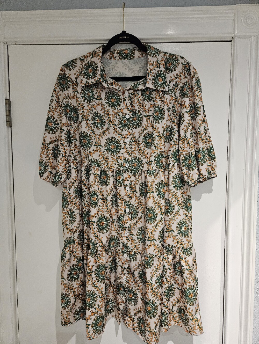 SHEIN Curve Boho Green Medallion Button-Down Tiered Babydoll Mini Dress